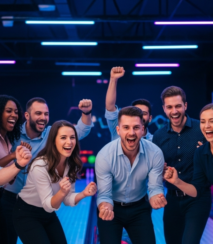 Collaborateur enthousiaste après une victoire au bowling lors d'un séminaire